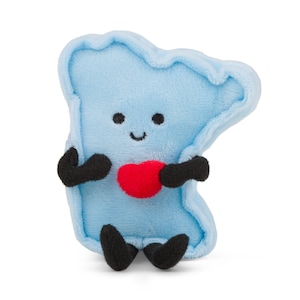 May include: A soft, light blue cloud-shaped plush toy with a smiling face, black arms and feet, and a red heart. The toy is designed to be cute and friendly, made from a soft material.
