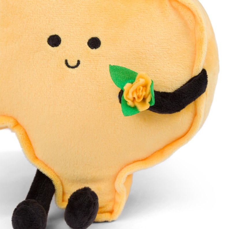 Puede incluir: Un coj&iacute;n suave en forma de coraz&oacute;n amarillo con ojos negros y una sonrisa. Tiene brazos y pies negros. Una peque&ntilde;a rosa amarilla con hojas verdes est&aacute; unida a un brazo. El coj&iacute;n es suave y tierno.