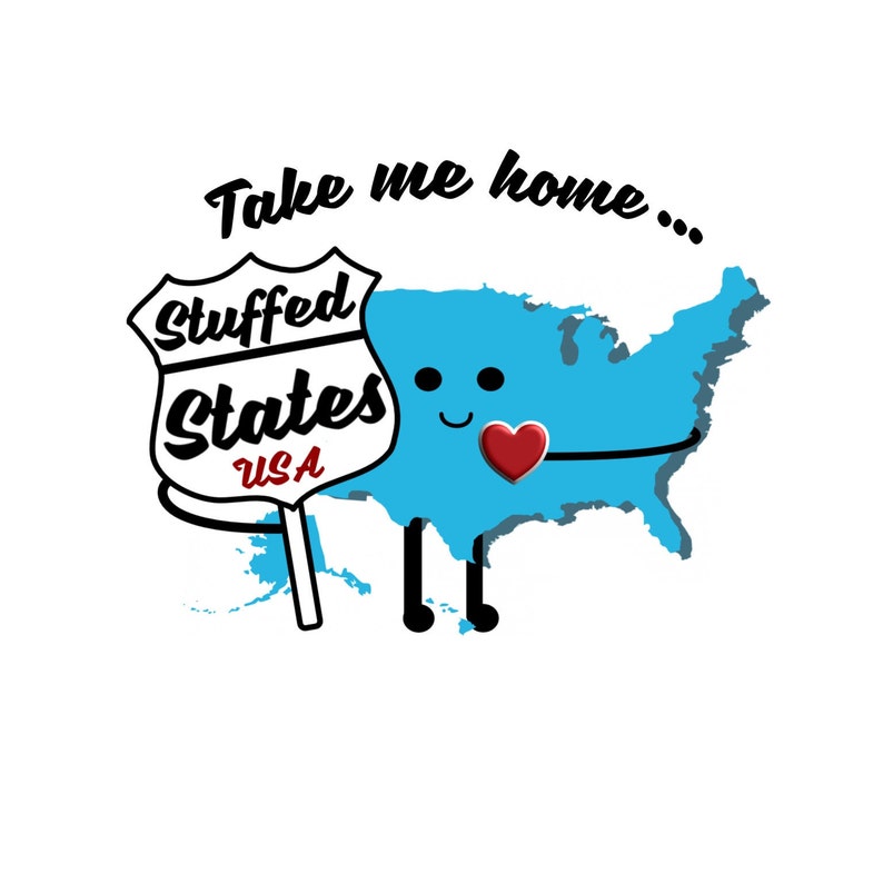 Puede incluir: Ilustraci&oacute;n de dibujos animados de los Estados Unidos en azul con un coraz&oacute;n rojo y piernas negras. El mapa sostiene un letrero que dice "Stuffed States USA" con el texto "Take me home..." arriba.