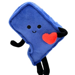 May include: Blue plush toy shaped like the state of Virginia, with a smiling face and black arms and legs. The toy is holding a red heart in its right hand.
