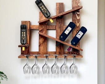 Scaffale Da Vino In Legno Fiammato - Con Portabicchieri | 60x35x15cm | Montaggio Incluso | Stile Rustico - Foto 9