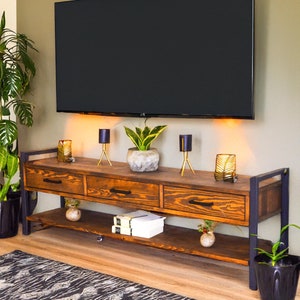 Wood and Metal Tv Stand with Drawers, Rustic Tv Unit with Shelf, Wooden Tv Console, Media Console, Wooden Tv Cabinet, Custom Size Tv Stand