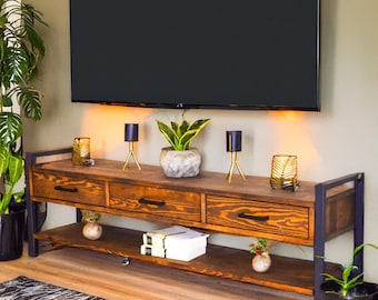 Holz und Metall Tv-Ständer mit Schubladen, rustikale Tv-Einheit mit Regal, Holz-Tv-Konsole, Medienkonsole, Holz-Tv-Schrank, Sondergröße Tv-Ständer