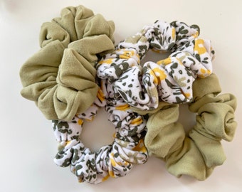 Floral Yellow and Solid Light Olive Green 2 Piece Knit Scrunchie Set