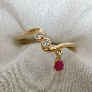 Ruby Diamond Drop Dangling Tassel Shaker Ring, 14k Gold Christmas Gifts Handmade Jewelry