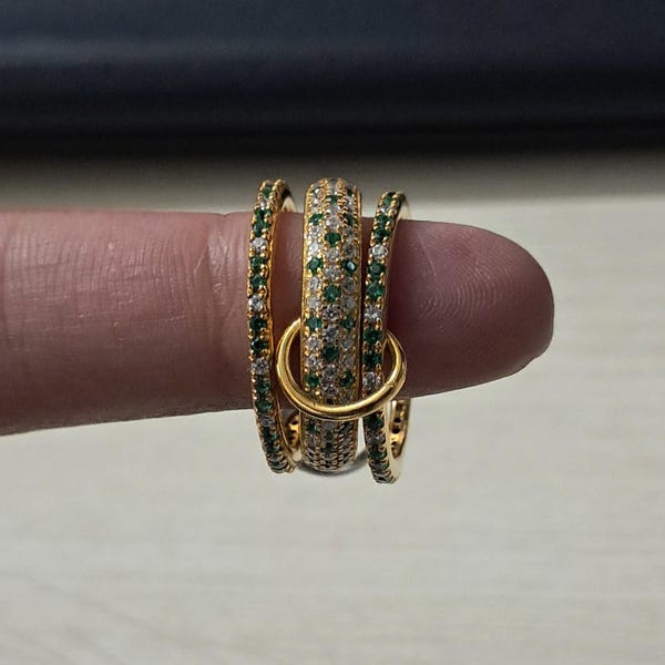 Emerald and Diamonds Three Chunky Interlocking Band Ring, 925 Sterling Silver Handmade Christmas Gifts