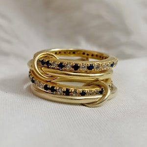 Blue Sapphire Diamond Interlocking Ring, Connected Multi Linked 925 Silver Four Band Christmas Gifts