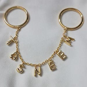 14k Solid Gold Initial Alphabet Two Hand Finger Charm Drop Dangling Shaker Chain Ring