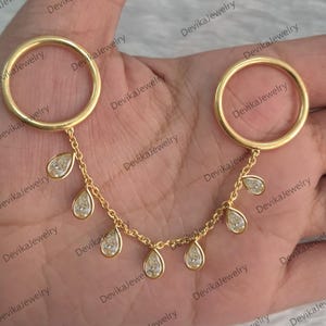 Pear Diamonds Drop Two Hand Finger Tassel Chain Ring, 14k Yellow Gold Christmas gift