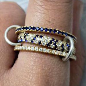 14K Gold Multi Band Ring, Blue Sapphire Connected Rings, Diamonds Interlocking Bands, Statement Rings, Stacking Rings, Gift For Her Handmade