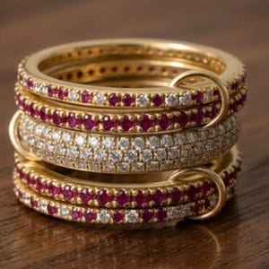 In elkaar grijpende ring met robijn en diamant, 14-karaats goud, stapelbaar jubileumcadeau, handgemaakte sieraden