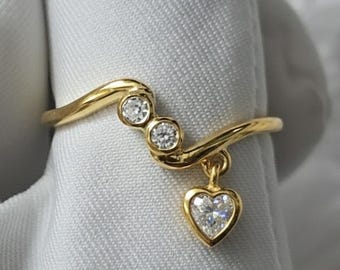 Heart Diamond Drop Tassel Ring, 14k Gold Dangling Hanging Jewelry, Valentine's Day Gift