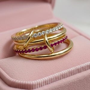 Rubin und Diamant Verriegelung Bandring , 14k Gold Multi Linked klobigen Handgefertigten Schmuck