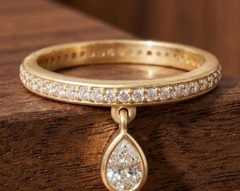 Pear and round diamond drop dangle ring, 14k gold charm pinky band, gift for