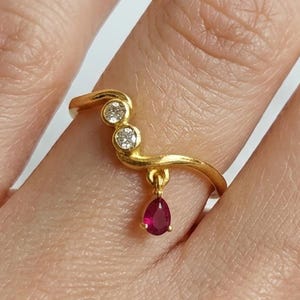 Oval Ruby round diamond drop dangle ring, 14k gold dangling minimal handmade jewelry