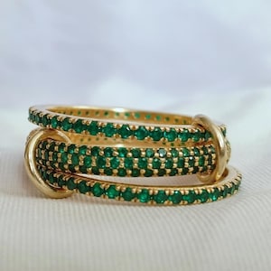 Bague trois émeraudes imbriquées, bague en argent 925 multi-liaisons connectée par toupie, cadeaux de Noël faits main