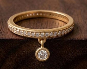 Round diamond drop dangle ring, 14k gold dangling charm band, gift for her jewelry