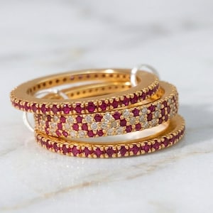 Pierścionek z rubinowym diamentem, połączony obrączką z wieloma ogniwami, złoto 14k, prezent na Dzień Matki