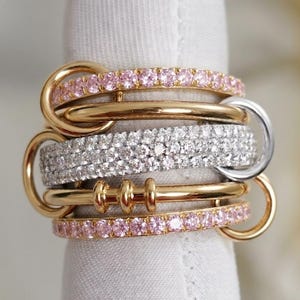 Pink Sapphire Five Interlocking Spinner Ring, 14k Gold Multi Linked Band, Christmas Handmade Gifts