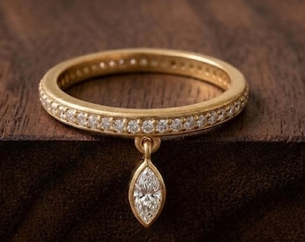 Marquise & round diamond drop dangle charm ring, 14k gold gift for her