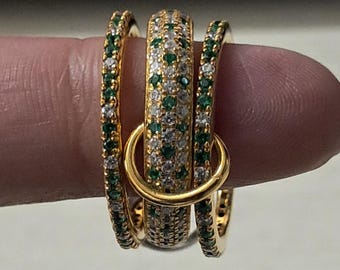 Emerald and diamond 3 Interlocking Band Ring, 18k Yellow Plated Wedding and Engagement Band Ring, 925 Sterling Silver Ring Gift For Her