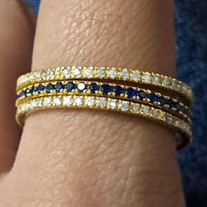 18k Yellow Plated Wedding Three Band, Blue Sapphire Interlocking Band, Micro Pave Diamonds Stacking Rings, Gifts For Her Handmade Jewelry