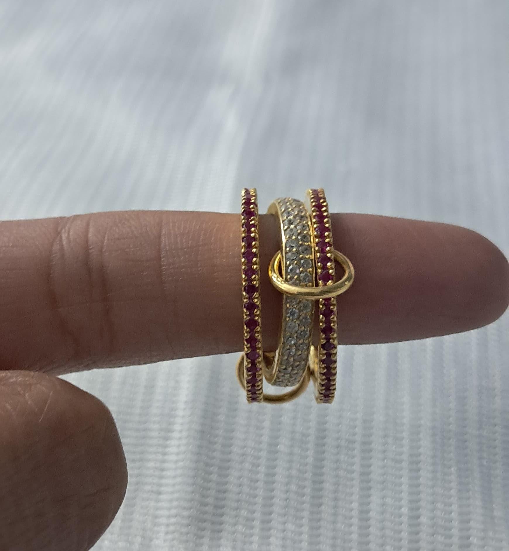 Ruby Ring, Diamond Ring, Triple Interlocking Band Ring, 18k Yellow Plated Wedding Ring, Anniversary Eternity Band Ring, Spinner Ring Gifts