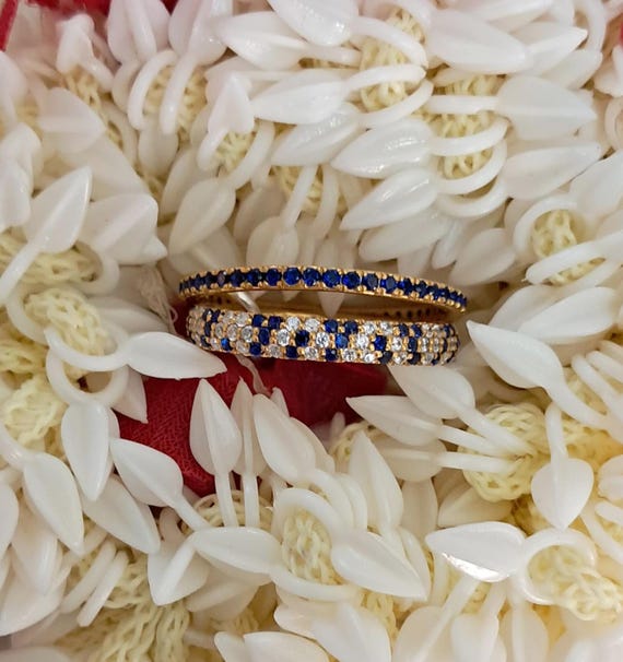 18k Yellow Plated Wedding Ring, Blue Sapphire Interlocking Ring