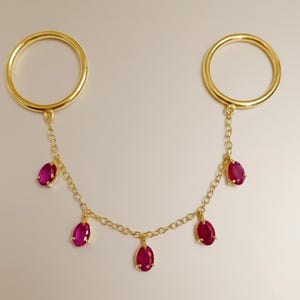 18k Yellow Plated Double Finger Ruby Chain Ring, July Birthstone, Christmas Gift For Her
