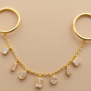 Anillo de cadena de diamantes de múltiples formas, anillo para dos dedos en vermeil amarillo de 14 k, regalo de Navidad para
