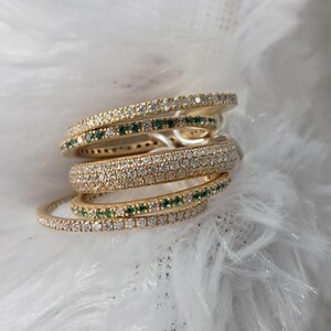 Emerald and Diamond Five Interlocking Ring, 18k Yellow Plated Band Ring, Handmade Spinner band Ring, Anniversary Eternity Ring, Gift for Her