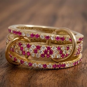 Ruby diamond silver interlocking ring, 14k gold minimal statement handmade jewelry