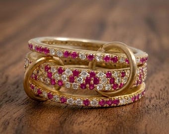 Pierścionek ze srebra z rubinem i diamentami, minimalistyczna, ręcznie robiona biżuteria ze złota 14k