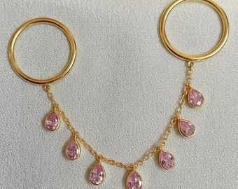 14k gelb Vermeil Birne rosa Saphir Kette Drop zwei Finger Bandring, Jubiläumsgeschenke