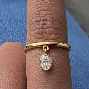 Oval Diamond Drop Dangling Tassel Ring, 14k Gold Charm Band, New Year Handmade Jewelry