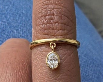 Ovale diamanten druppel bungelende kwastring, 14k gouden bedelband, handgemaakte nieuwjaarssieraden