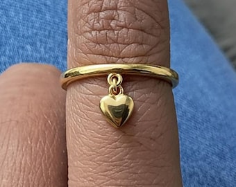 Heart Plain drop dangle charm ring, 14k gold dangling love band, gift for her