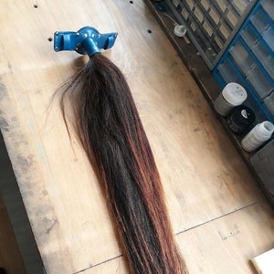 May include: A long, dark brown and auburn horse tail with a blue leather and metal attachment. The tail is straight and has a natural, flowing appearance. The attachment is riveted and appears to be handmade.