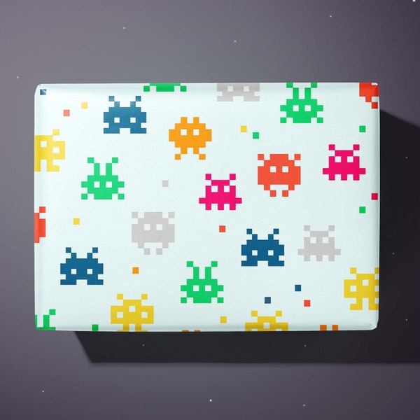 Gamer Space Invaders Wrapping Paper - Retro - Printed to order