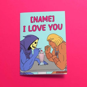 Biglietto He-Man "I Love You" personalizzato - Illustrato a mano - Materiali riciclati - ECO con Skeletor