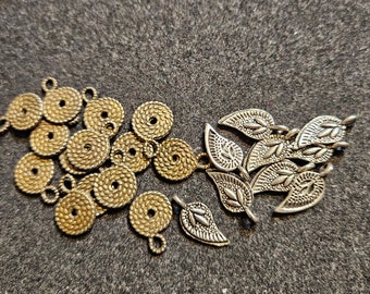 20 Small Charms. Two types. Silver Leaf OR Antiqued Goldtone Coiled Rope. Great Addition to your own Jewelry Creation or Craft Project.