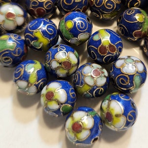 Set of 10 Heavy Vintage Cloisonne Beads. White Flower, Cobalt Blue Background. Gold Channels, Multi-Color Enamel Filled Beads. 10.5mm.