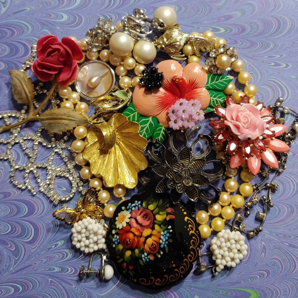 Broken Rhinestone and Jewelry Lot for Crafting Salvage Repair. Pins Single Earrings Broken Necklaces. 21 Pieces Flower Themed Grouping.