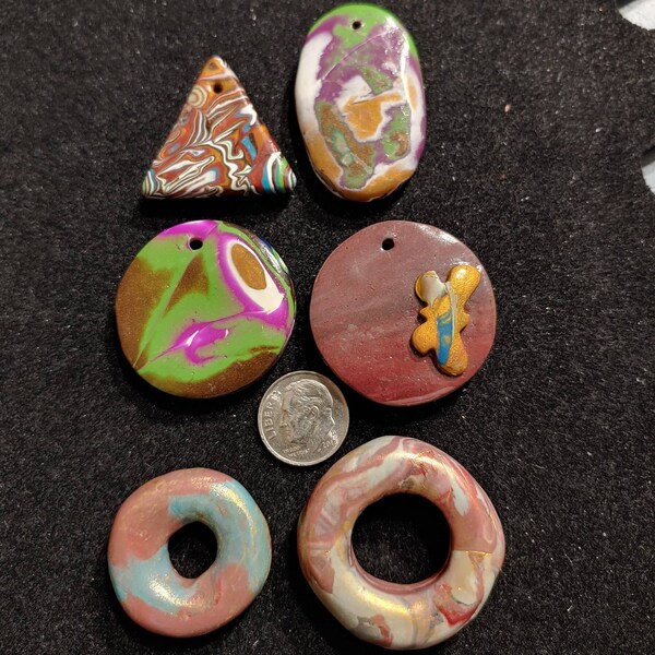 De-Stash 6 Polymer Clay Pendants Mixed Lot All have Holes Coated Jewelry Lightweight Craft Supplies Use as is or Finish Yourself