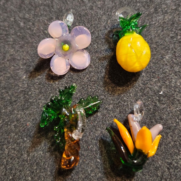 4 Glass Fruit Charms. Very Detailed Delightful Charms with Hanging Hoops. Great for Jewelry or Crafting. Handmade Glass Pendants.