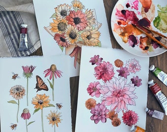 Watercolor Painting Kit, 3 Designs Included, Fall Theme, Florals, Dahlias, For Adults, For Kids, Indoor Activity, Beginner Watercolor