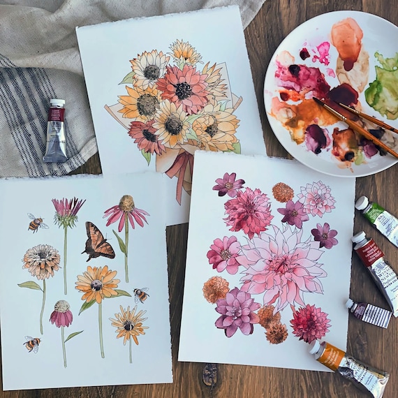 Watercolor Painting Kit, 3 Designs Included, Fall Theme, Florals, Dahlias,  for Adults, for Kids, Indoor Activity, Beginner Watercolor 
