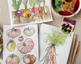 Beginner Watercolor Painting Kit Garden Veggie Theme with Professional Grade Paper, Brushes, Paints and Instructional Video Link