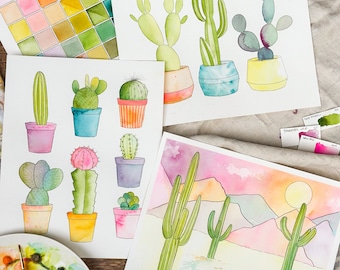 Kit de pintura de acuarela para principiantes, tema Cacti Cutie con papel de calidad profesional, pinceles, pinturas y enlace de vídeo instructivo