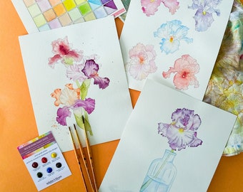 Watercolor Painting Kit, 3 Designs Included, Iris themed, Floral Theme, For Adults, For Kids, Indoor Activity, Beginner Level